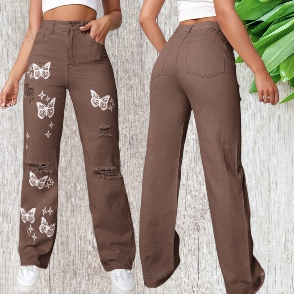 SHEIN EZwear Bleach Wash Ripped Detail Butterfly Jeans Sz 8/10 Mocha Brown - Picture 1 of 7